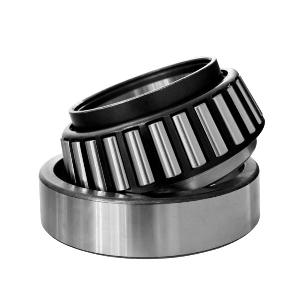 Stainless steel thrust conical bearing isolated on white background Here's an alt tag for the image: `Tapered roller bearing assembly`