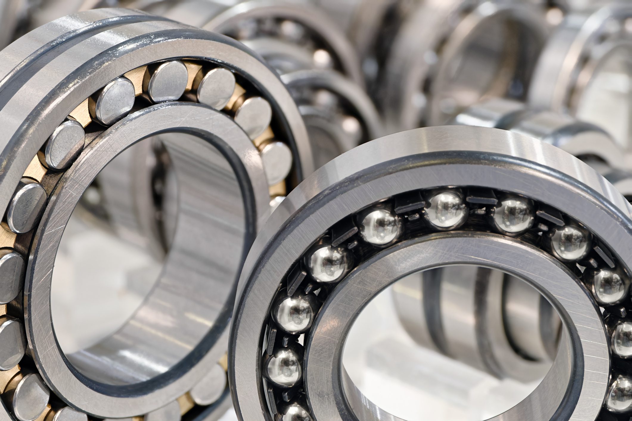 Group of ball and roller bearings Close-up of several ball bearings.